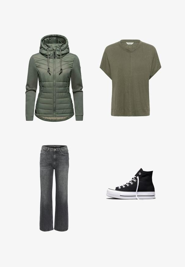 Veste verte matelassée avec capuche, dotée d'une fermeture éclair à l'avant, de surpiqûres en chevron sur la poitrine et de poignets côtelés. Texture douce avec des tissus contrastants.; T-shirt vert olive à manches courtes avec col rond et détail de couture centrale, fabriqué en tissu texturé léger.; Jeans larges en denim gris foncé, présentant un design classique à cinq poches, des coutures décoratives et une fermeture à bouton à la taille.; Baskets montantes en toile noire avec semelle en caoutchouc blanche et lacets blancs, vues de côté sur un fond blanc.