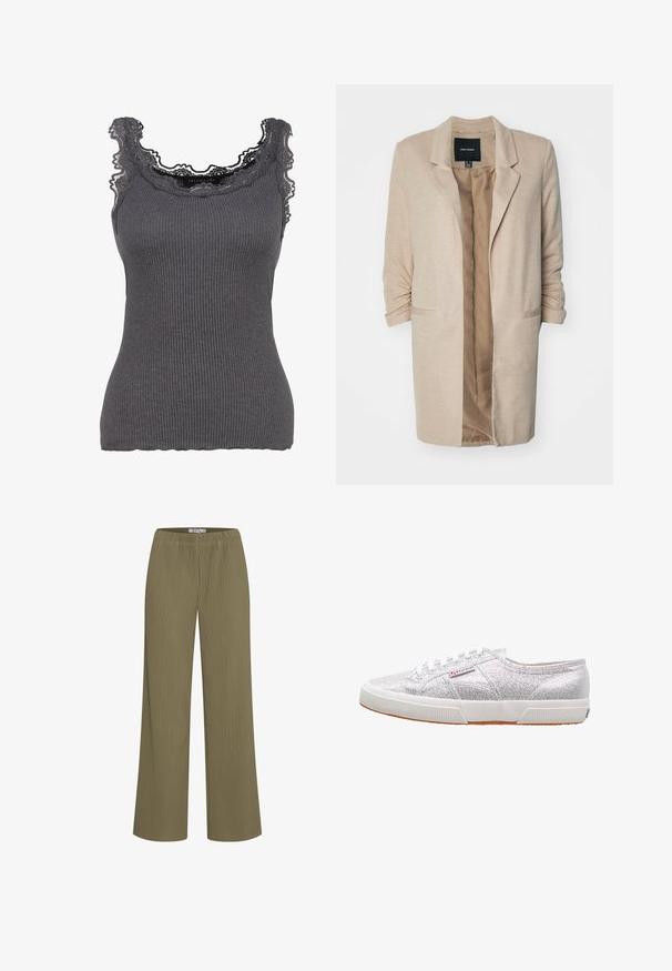 Beige bleiseri, jossa on rakenteellinen kangas, yksinapainen kiinnitys ja avoin etuosa. Mukana kaksi sivutaskua ja käännetyt hihat. Sisävuori kevyemmässä sävyssä.; Harmaa ribbipaita, jossa on pitsireunus pääntiessä. Kangas on pehmeä ja istuva, siinä on hieman venyvyyttä ja aaltoilevat reunat.; Housut vaaleanvihreä, leveä lahje, jossa on pystysuora uritettu rakenne, joustava vyötärö ja yksinkertainen muotoilu.; Hienot hopeiset kimalteet jotka ovat valkoisella kumipohjalla, pyöreällä kärjellä, nauhakiristyksellä ja logo-nauhalla sivussa.