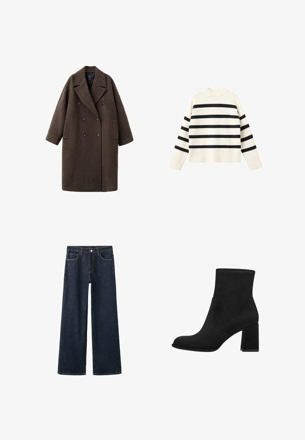 Brauner Hahnentrittmantel mit doppelreihigem Schnitt, breiten Revers und zwei Fronttaschen. Hergestellt aus strukturiertem Stoff, locker geschnitten.; Cremefarbener Pullover mit breiten schwarzen Streifen, geripptem Saum und Bündchen, rundem Ausschnitt und weiter Passform, gefertigt aus weichem Strickmaterial.; Dunkelblaue Jeans mit weitem Bein, vorderer Knopf- und Reißverschluss, fünf Taschen und sichtbaren orangefarbenen Nähten.; Schwarze Knöchelstiefel mit Blockabsatz, aus weichem Wildleder. Mit einer abgerundeten Zehe und glatten Seitenpaneelen mit detaillierter Naht.