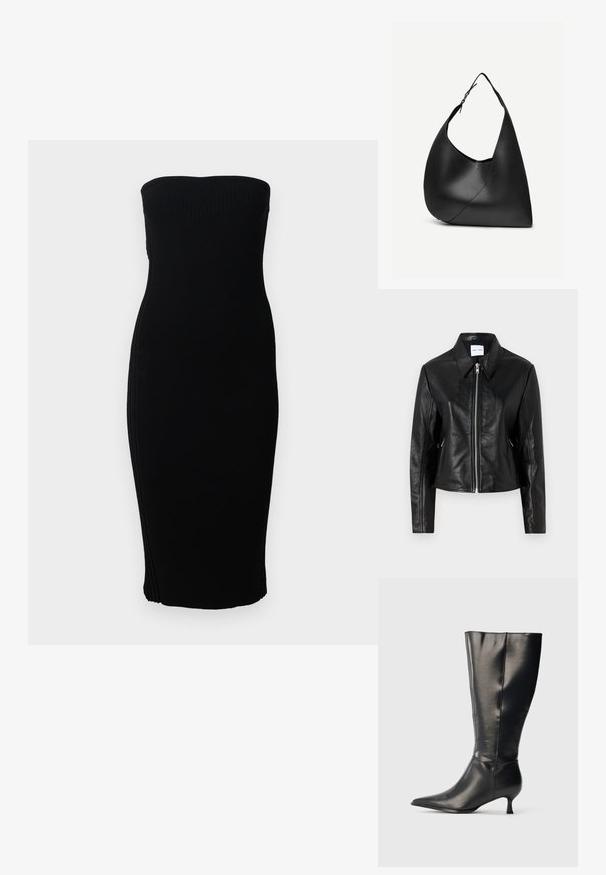 Samsøe Samsøe SASHILOH - Leren jas - black; Zwarte strapless ribbed midi-jurk met een getailleerde silhouet, weergegeven tegen een eenvoudige witte achtergrond.; Zwarte leren kniehoge laars met puntige neus en lage kittenhak, weergegeven op een effen lichte achtergrond.; Zwarte leren schoudertas met gebogen driehoekige vorm, enkele verstelbare riem en zichtbare diagonale naad aan de voorkant.