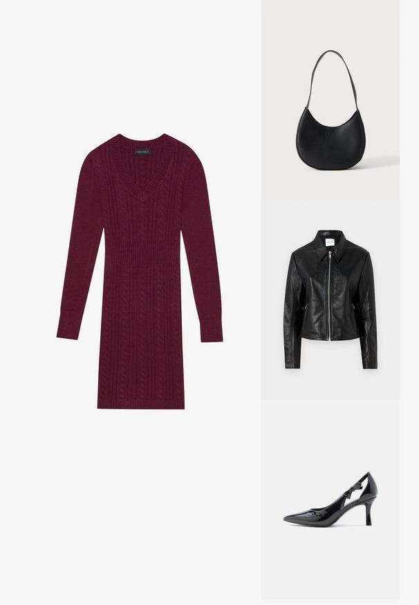 Samsøe Samsøe SASHILOH - Nahkjakk - black; Bordo kudum Kleid V-kaelusega, pikkade varrukatega, soonikute käistega ja kogu kleidi ulatuses toruknitti mustriga. Kerge talje disain.; Mustast lakknahast kõrge kontsaga king, millel on terav nina, pahkluu ümber riba, mis on kaunistatud vöösarnase paelaga, ning peenike konts.; Mustast nahast poolkuu kujuline õlakott ühe rihmaga ja tagasihoidliku reljeefse kaubamärgi nimega ühevärvilise heleda taustal.