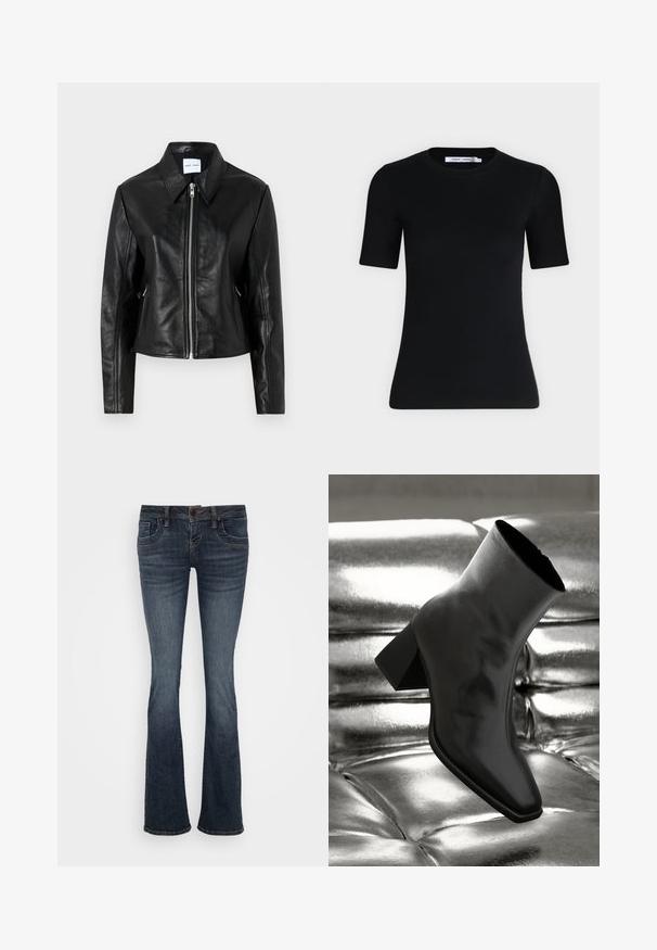 Samsøe Samsøe SASHILOH - Lederjacke - black; Schwarzes, tailliertes T-Shirt mit kurzen Ärmeln, rundem Ausschnitt und einem Etikett im Kragen auf einfarbig hellem Hintergrund.; Dunkelblaue ausgestellte Jeans mit mittelhohem Bund, fünf Taschen und subtilen Stichakzenten. Hergestellt aus Denim mit glatter Textur.; Schwarzer Knöchelstiefel aus glänzendem Material mit quadratischer Zehenform und verjüngtem Absatz, vor einem glänzenden silbernen gepolsterten Hintergrund.