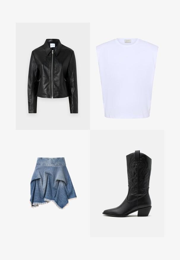 Samsøe Samsøe SASHILOH - Læderjakker - black; Hvid ærmeløs top med strukturerede skuldre, rund halsudskæring og subtilt præget logo foran i midten.; AllSaints CRISSY - A-snit nederdel - vintage indigo; Sorte læder cowboystøvler med spids tå, præget svungen mønster og en mid-højde hæl. Har en trækflap for nemt at tage på.
