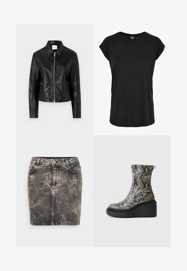 Samsøe Samsøe SASHILOH - Chaqueta de cuero - black; Camiseta negra de manga corta hecha de tela suave. Cuello redondo y ajuste relajado con mangas enrolladas. Color sólido y simple, sin patrones.; Minifalda de mezclilla en negro con un patrón de estrellas desvanecido. Presenta una cintura alta, cinco bolsillos y costuras en contraste. Cierre clásico de botón.; Botas de tobillo de tacón alto con un patrón de serpiente, que presentan tonos grises y negros, con una plataforma negra gruesa y un upper texturizado.