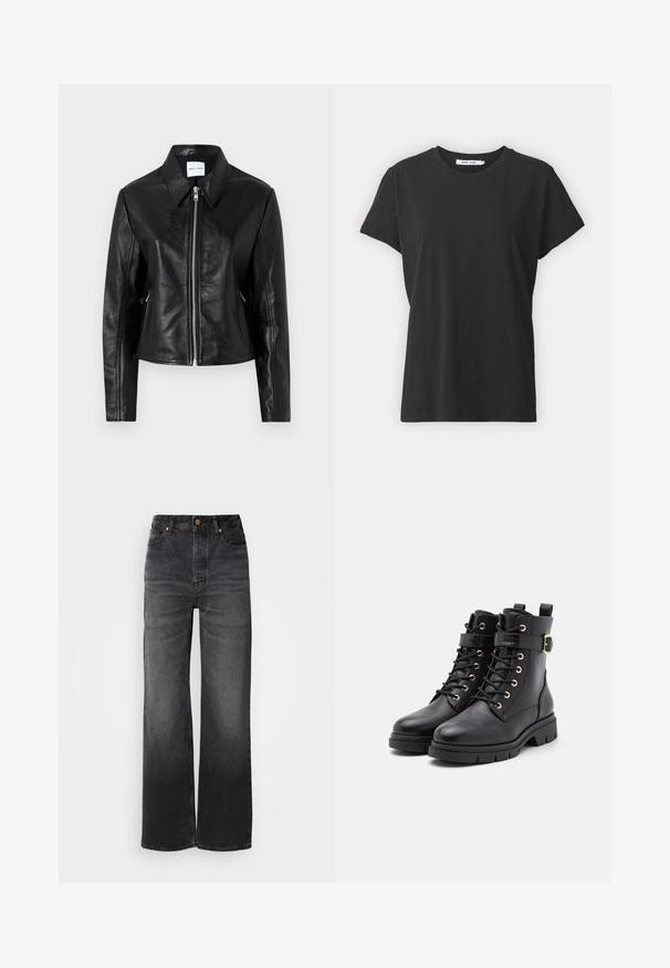 Samsøe Samsøe SASHILOH - Veste en cuir - black; T-shirt en coton noir avec un col rond classique, des manches courtes et une coupe décontractée. Texture lisse, sans motifs ni accents visibles.; Jeans en denim noir évasés à taille haute, cinq poches, fermeture à bouton et texture légèrement décolorée. Tissu épais avec une coupe structurée.; Bottes noires en cuir avec un bout rond, des lacets, œillets en or, un accent de boucle et une semelle épaisse et texturée.