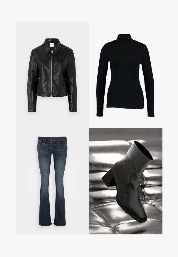 Samsøe Samsøe SASHILOH - Læderjakker - black; Sort langærmet turtleneck top lavet af glat stof, med et tætsiddende design og høj hals, velegnet til lag-på-lag brug eller som en selvstændig beklædningsgenstand.; Mørkeblå vide jeans med mellemhøj talje, fem lommer og subtile stikningsdetaljer. Fremstillet af denim med en glat tekstur.; Sorte ankelstøvler lavet af glossy materiale med firkantet tå og spidse hæle, sat mod en skinnende sølv tuftet baggrund.
