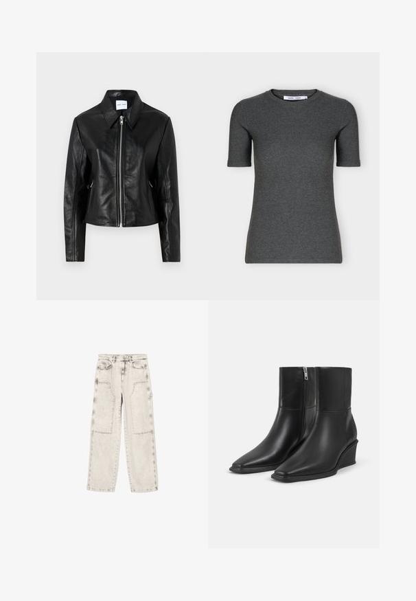 Samsøe Samsøe SASHILOH - Lederjacke - black; Dunkelgraues kurzärmeliges Strickshirt mit Rundhalsausschnitt, schmaler Passform und schlichtem Design auf weißem Hintergrund.; Hellgraue Jeanshose mit lockerem Schnitt, zwei großen Vorderentaschen und einer einzelnen Seitentasche. Veredelt mit Standardnähten und einem Knopfverschluss.; Paar schwarze Leder-Stiefeletten mit spitzen Zehen, Keilabsätzen und seitlichen Reißverschlussverschlüssen auf einfachem hellem Hintergrund.