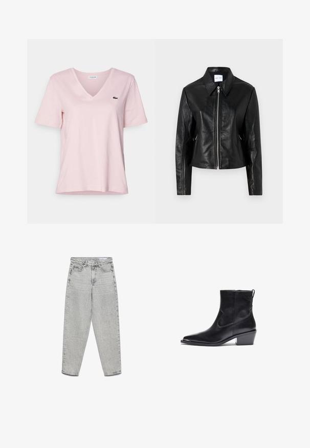 Samsøe Samsøe SASHILOH - Leren jas - black; Lichtroze katoenen t-shirt met een v-hals en korte mouwen, voorzien van een klein groen geborduurd krokodillogo op de linkerborst.; Lichtgrijze jeans met hoge taille en rechte pijpen, voorzakken, riemlussen en een ritssluiting.; Zwarte leren enkelboot met een spitse neus en een lage blokhak. Heeft een zijrits en minimale stiksels voor een stijlvolle uitstraling.
