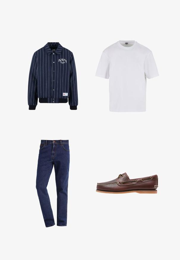 Karl Kani PINSTRIPES - Bomberjacke - dark blue/off white; Weißes T-Shirt mit kurzen Ärmeln aus Baumwolle. Besitzt einen Rundhalsausschnitt und eine lockere Passform. Glatte Textur, minimalistisches Design, ohne Muster oder Akzente.; Dunkelblaue gerade geschnittene Denim-Jeans mit Vordertaschen, Knopfverschluss, Gürtelschlaufen und sichtbaren Nähten.; Brauner Leder-Bootsschuh mit weißen Nähten, Schnürdetails und hellbrauner Gummisohle, seitlich auf weißem Hintergrund gezeigt.
