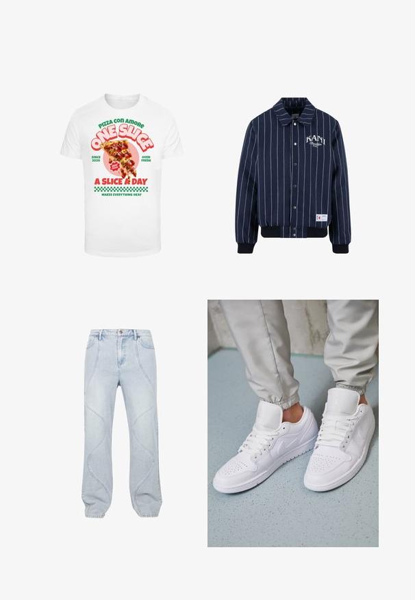 Karl Kani PINSTRIPES - Μπουφάν τύπου bomber - dark blue/off white; Λευκό μπλουζάκι με γραφικό σχέδιο ενός κομματιού πίτσας με πεπερόνι, συνοδευόμενο από πολύχρωμο κείμενο και καρό σχέδιο στο κάτω μέρος.; Ανοιχτό μπλε τζιν παντελόνι με καμπυλωτά σχέδια ραφής, κουμπί κλεισίματος και χαλαρή εφαρμογή. Το ύφασμα έχει λεία υφή με ελαφρά ξεθώριασμα.; Λευκά δερμάτινα αθλητικά παπούτσια με περφοραρισμένο μπροστινό μέρος, επίπεδα κορδόνια, μαλακή επένδυση στον αστράγαλο και το λογότυπο Jordan στην γλώσσα. Φοριούνται με γκρι φόρμες.