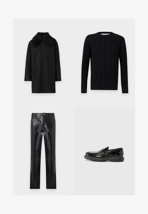 Sort mellemlang frakke med lange ærmer og en stor tekstureret pelskrave, vist mod en hvid baggrund.; Sort langærmet crewneck-sweater med lodrette teksturerede striber og præget mønster med mærkenavn over det hele.; Sorte læderbukser med lige ben, knaplukning, bæltestropper og forlommer, vist mod en hvid baggrund.; Sort læderloafer med en blank finish, rund tå, subtile syninger og en tyk gummisål for holdbarhed.