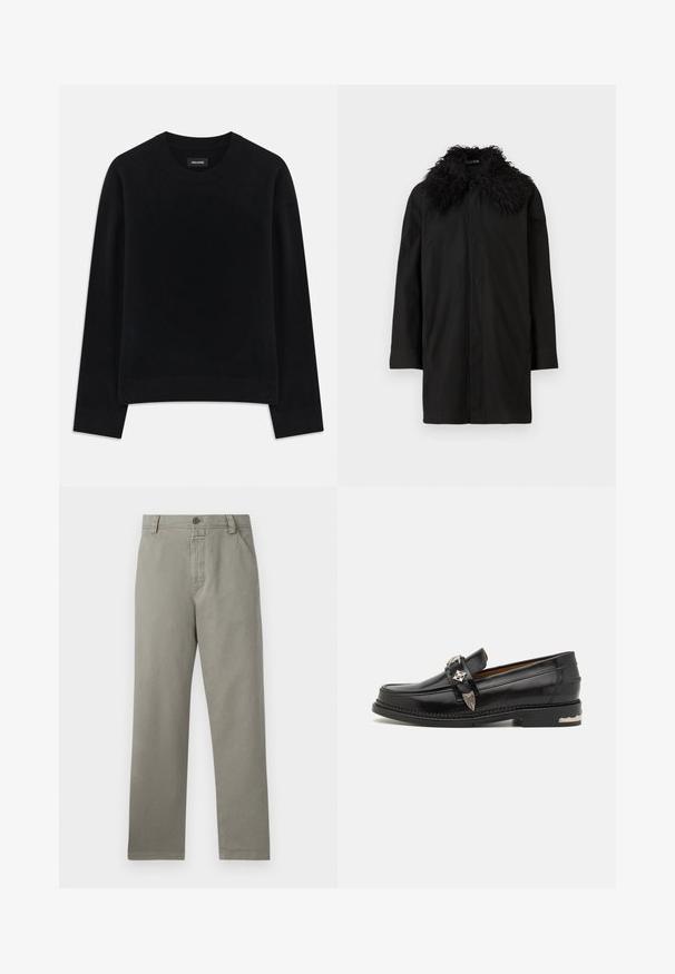 Sort mellemlang frakke med lange ærmer og en stor tekstureret pelskrave, vist mod en hvid baggrund.; Sort sweater lavet af blødt stof, med rund hals, lange ærmer, afslappet pasform og ribbet kant. Enkelt, ensfarvet design uden mønstre.; Lysegrå bukser lavet af bomuld, med lige ben design, bæltesløjfer og en enkelt knaplukning ved taljen.; Sort læderloafer med sølv dekorativt hardware, en mokkasinstil overdel, detaljeret syning og en stakheel.