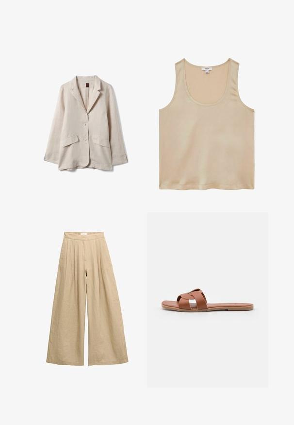 Blazer de lino beige claro con dos bolsillos delanteros con solapa, cierre de dos botones, cuello con solapa entallada y mangas largas.; Reiss REGULAR FIT - Blusa - neutral; Pantalones de lino beige de cintura alta y pierna ancha, con pliegues en la cintura y cierre frontal oculto.; Sandalias planas marrones hechas de cuero suave con un diseño de tiras cruzadas, que cuentan con una suela plana y un estilo minimalista.