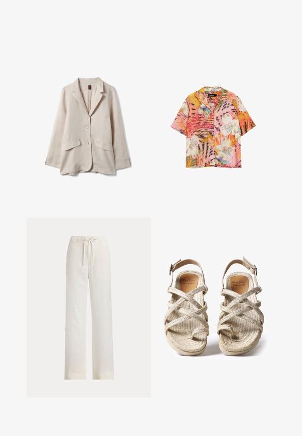 Lichtbeige linnen blazer met twee klepzakken aan de voorkant, een sluiting met twee knopen, een reverskraag met inkeping en lange mouwen.; Korte mouwen overhemd met levendige tropische bloemen- en bladerenpatronen in roze, oranje, wit en groene tinten.; Loszittende witte broek met elastische tailleband en trekkoord, getoond tegen een effen achtergrond.; Beige geweven sandalen met kruisbandontwerp, gemaakt van gestructureerde natuurlijke vezels, met een platte zool en een verstelbare enkelriem.