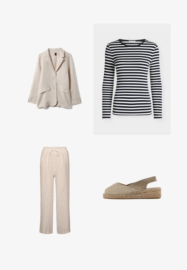 Blazer de lino beige claro con dos bolsillos delanteros con solapa, cierre de dos botones, cuello con solapa entallada y mangas largas.; Camisa de manga larga con rayas horizontales en azul marino y blanco y cuello redondo, con la marca GANT en el puño de la manga.; Pantalones de lino en beige claro con cintura elástica y cordón, que presentan un corte relajado y diseño de pierna recta.; Sandalia espadrille de ante beige con talón abierto, puntera cerrada, suela plataforma de yute trenzado y correa trasera.