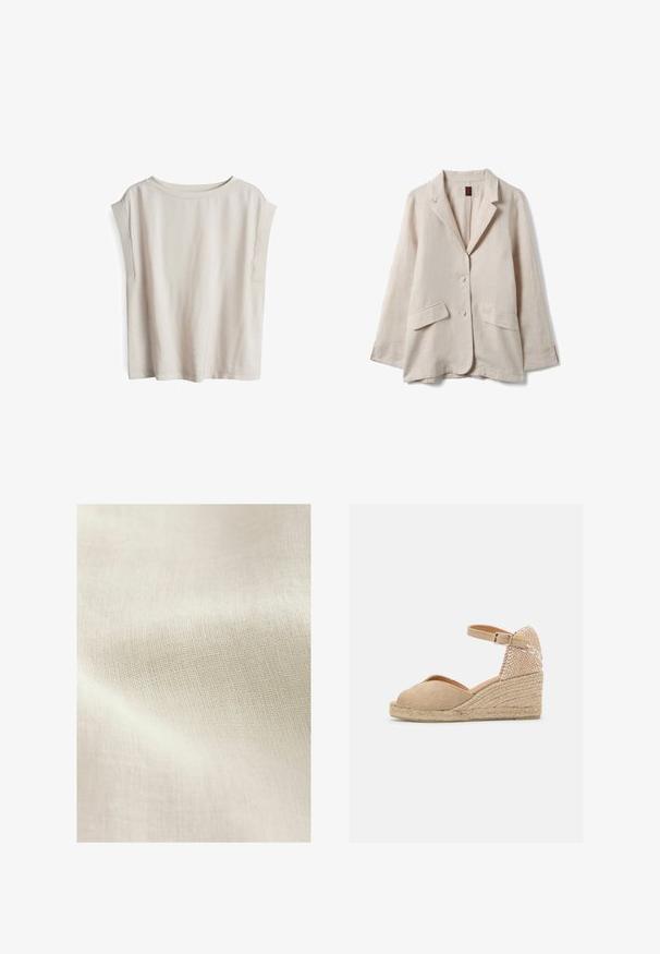 Lichtbeige linnen blazer met twee klepzakken aan de voorkant, een sluiting met twee knopen, een reverskraag met inkeping en lange mouwen.; Korte mouw licht beige top, gemaakt van zachte stof, met een wijd uitsnijdende halslijn en verlaagde schoudernaden, met een relaxte pasvorm en een minimalistisch design.; Lichtbeige gemêleerde stof met een geweven patroon, die subtiele variaties in kleur en oppervlakte details toont. Over het algemeen een zachte, gladde textuur.; Castañer BIANCA - Espadrilles - sand