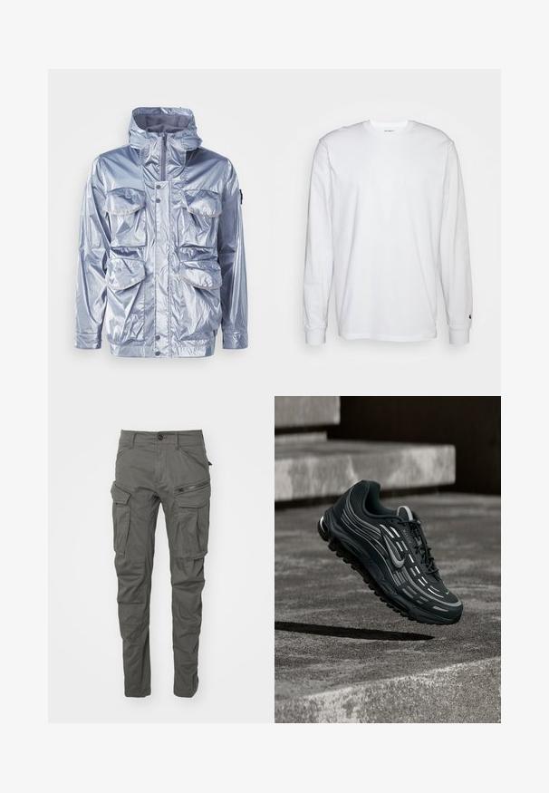 Sølv vandtæt jakke med lynlåslukning, justerbar hætte og fire frontlommer. Har en glinsende overflade og trykknapper.; Hvid langærmet T-shirt lavet af bomuld. Rund halsudskæring med ribbede manchetter og et lille logo på venstre ærme. Glat tekstur.; Grå cargo bukser lavet af slidstærkt stof, med flere lommer, lynlåse, knaplukning og et tapered ben design.; Sort og grå Nike Air Max sneaker, der flyder over grå betontrin med tekstureret jordbaggrund.