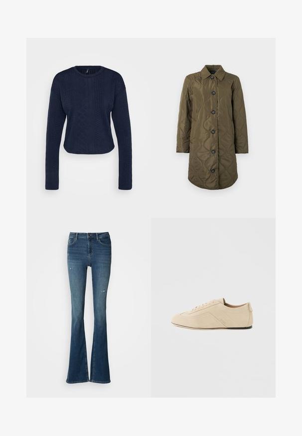 Long manteau matelassé vert olive avec col et cinq boutons noirs sur le devant, présenté sur un fond blanc.; Pull court bleu marine en tricot texturé avec des manches longues, présentant un col rond et des motifs en relief élaborés.; Jean évasé en denim bleu délavé, avec poches avant, taille haute et détails usés avec coutures visibles.; Baskets basses en daim beige avec fermeture à lacets à l'avant, semelle fine et détail subtil de coutures latérales sur fond blanc.