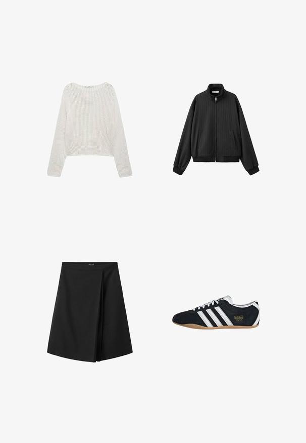 Chaqueta bomber negra con cuello alto, que presenta rayas verticales, puños y dobladillo acanalados, y cierre frontal con cremallera y bolsillos laterales.; Suéter de punto blanco de manga larga con un patrón texturizado y un corte cropped. Escote sencillo y detalle de ribete en el dobladillo.; Falda negra hasta la rodilla con una cintura recta y un detalle de pliegue superpuesto en la parte delantera, mostrada sobre un fondo blanco.; Zapatillas de ante negro con tres franjas blancas, logotipo dorado y suela de goma marrón. Presentan un diseño de cordones de perfil bajo.