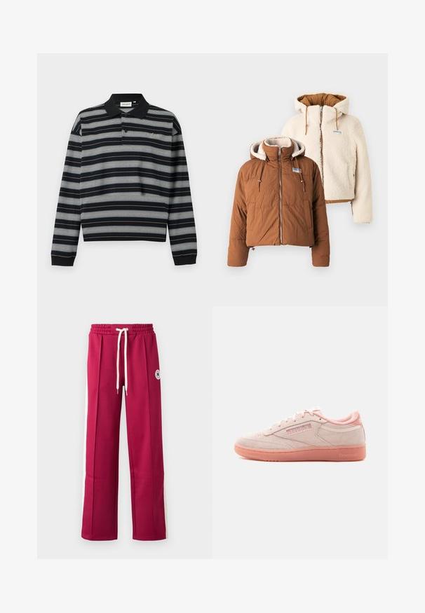 Deux vestes : une doudoune marron avec un col haut et une fermeture éclair à l'avant, et une veste crémeuse duveteuse avec une capuche et un bord élastique.; Polo noir à manches longues avec des rayures horizontales blanches et grises, patte à deux boutons et logo brodé sur la poitrine.; Pantalon de survêtement bordeaux avec taille élastique, cordelette crème et bandes latérales blanches contrastantes ornées de détails à boutons. Logo brodé.; Baskets Reebok en daim rose clair avec semelle, lacets et col rembourré doux, présentées de profil sur fond blanc.