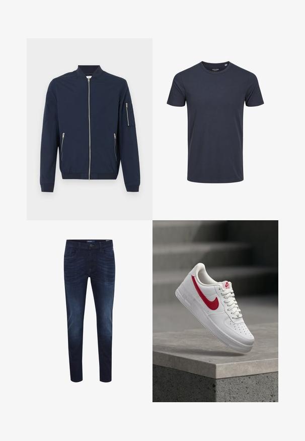 Chaqueta bomber azul marina con cremalleras frontales, bolsillos con cremallera en los lados, bolsillo con cremallera en la manga izquierda, puños y cuello acanalados.; Camiseta de manga corta azul marino hecha de algodón, con cuello redondo y bajo recto. Diseño simple y sólido sin patrones ni acentos adicionales.; Jeans de mezclilla azul oscuro con un corte slim, diseño de cinco bolsillos, sutil desgaste en la tela, cierre de botón y etiqueta con el logo en la parte trasera de la cinturilla.; Zapatilla blanca Nike Air Force 1 con logo rojo swoosh, flotando sobre un saliente de concreto y escaleras al fondo.