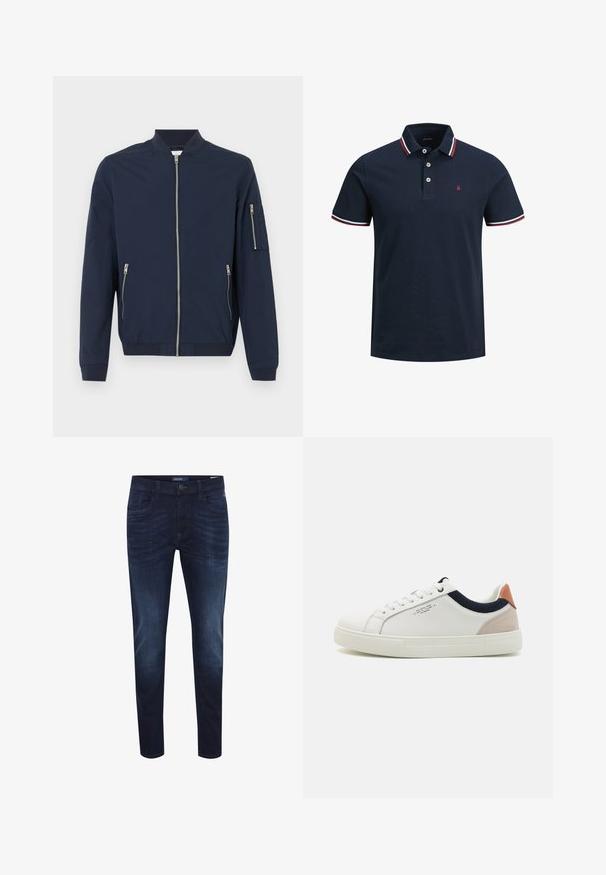 Veste bomber bleu marine avec fermeture éclair à l'avant, poches zippées sur les côtés, poche zippée sur la manche gauche, poignets et col côtelés.; Polo-shirt marine en coton, avec un col classique, une patte de boutonnage à trois boutons et des accents rayés sur le col et les manches.; Jeans en denim bleu foncé avec une coupe slim, design à cinq poches, un léger effet délavé, fermeture à bouton et étiquette logo sur la taille arrière.; Baskets en cuir blanc avec un design bas, accent en tissu bleu marine sur le col et onglet de talon en daim rose pâle. Semelle en caoutchouc.