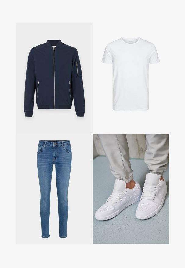 Veste bomber bleu marine avec fermeture éclair à l'avant, poches zippées sur les côtés, poche zippée sur la manche gauche, poignets et col côtelés.; T-shirt à col rond à manches courtes de couleur blanche unie, fabriqué en coton doux, avec un design simple sans motifs ni accents visibles.; Jean skinny en denim bleu, avec un design classique à cinq poches, un subtil délavage et une fermeture éclair avec un bouton à la taille.; Des baskets en cuir blanc présentent une zone de perforation à l'avant, des lacets plats, un col rembourré et le logo Jordan sur la languette. Portées avec un pantalon de jogging gris.