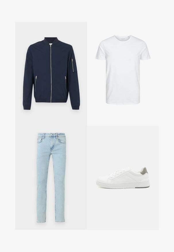 Marineblauwe bomberjack met rits aan de voorkant, ritszakken aan de zijkanten, ritszak op de linker mouw, ribgebreide manchetten en kraag.; Ronde hals kortemouwen t-shirt in effen wit, gemaakt van zachte katoen, heeft een eenvoudig ontwerp zonder zichtbare patronen of accenten.; Lichtblauwe spijkerbroek met rechte pijpen, voorzien van vijf zakken, subtiele vervaging en klassieke stikseldetails.; Witte sneaker van glad leer met een ronde neus, minimalistisch ontwerp, grijze hielaccent en een geplaatste rubberen zool.
