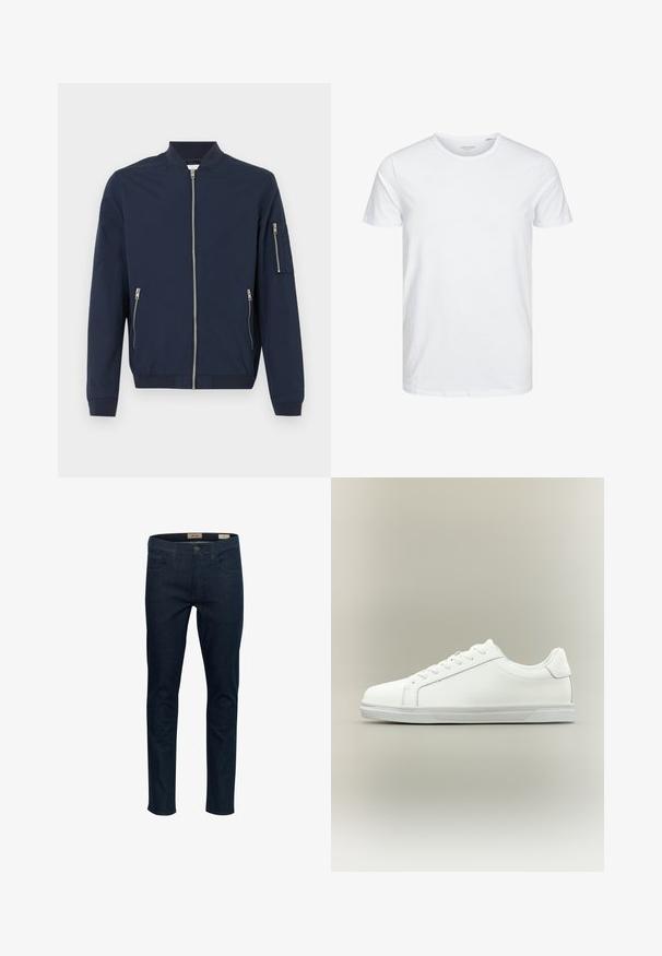 Veste bomber bleu marine avec fermeture éclair à l'avant, poches zippées sur les côtés, poche zippée sur la manche gauche, poignets et col côtelés.; T-shirt à col rond à manches courtes de couleur blanche unie, fabriqué en coton doux, avec un design simple sans motifs ni accents visibles.; Jean en denim bleu foncé avec une coupe slim, cinq poches et une fermeture à bouton à l'avant. Présente des coutures discrètes et une texture lisse.; Baskets blanches basses à lacets sur l'avant avec semelle en caoutchouc texturée, sur fond neutre uni.