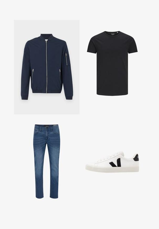Marineblaue Bomberjacke mit Frontreißverschluss, Reißverschlusstaschen an den Seiten, Reißverschlusstasche am linken Ärmel, gerippte Bündchen und Kragen.; Schwarzes Baumwoll-T-Shirt mit Rundhalsausschnitt, kurzen Ärmeln und schlichtem Design. Glatte Textur, keine Muster oder sichtbare Beschläge.; Denim-Jeans in einem mittleren Blauton mit geradem Schnitt. Zu den Merkmalen gehören das klassische Fünf-Taschen-Design und dezente Verblassungsmuster auf dem Stoff.; Weiße Leder-Sneaker mit schwarzen Wildlederelementen; verfügen über eine Gummisohle, eine runde Spitze und ein klassisches Schnürdesign. Seitliches Logo in Schwarz.