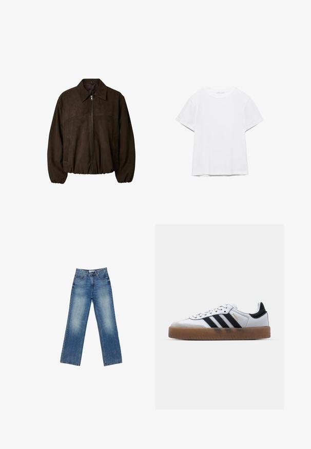 Veste en daim marron foncé avec fermeture éclair à l’avant, col, poignets élastiques et poches latérales, présentée sur fond blanc.; T-shirt blanc uni à manches courtes et col rond, avec un ourlet droit, présenté sur un fond blanc.; Jean en denim bleu à jambes larges avec une finition délavée, cinq poches, couture visible, fermeture à boutons et à glissière, et coupe droite.; Baskets en cuir blanc avec des rayures noires, semelle extérieure en caoutchouc beige, bout rond, fermeture lacée et embout en suède gris doux.