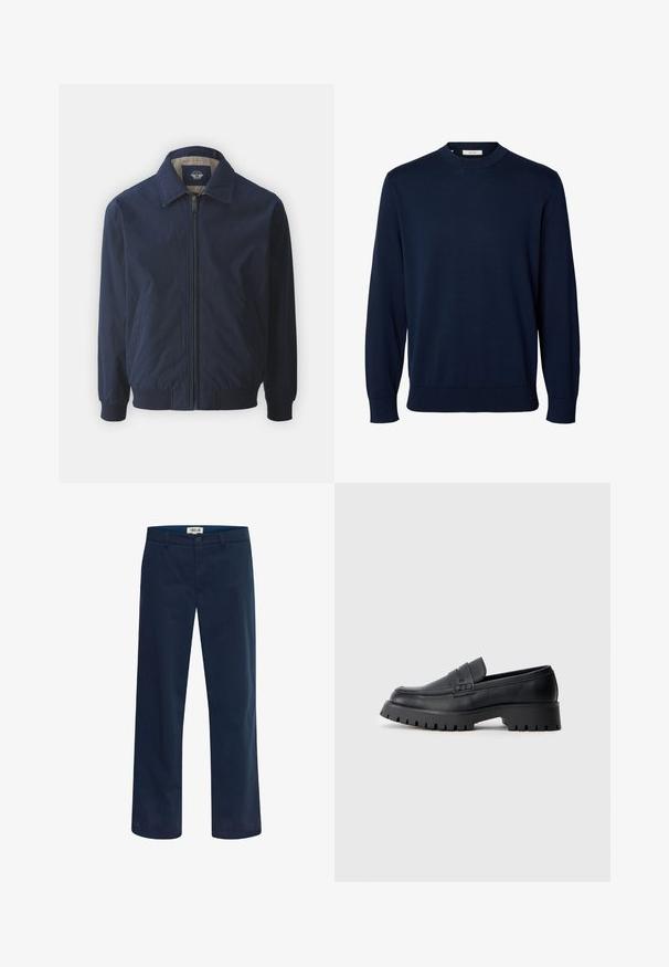 Veste bomber bleu marine avec fermeture éclair à l'avant, col montant et poignets élastiques. Elle présente un tissu lisse et des poches latérales.; Pull bleu marine à manches longues et col rond, avec poignets et bas côtelés, étiqueté Selected au niveau du col.; Pantalon bleu marine droit avec fermeture à bouton et zip, passants pour ceinture et poches avant, présenté sur fond blanc.; Mocassins en cuir noir avec un bout arrondi, présentant une sangle décorative et une semelle en caoutchouc épaisse avec de profonds crampons pour une meilleure adhérence.