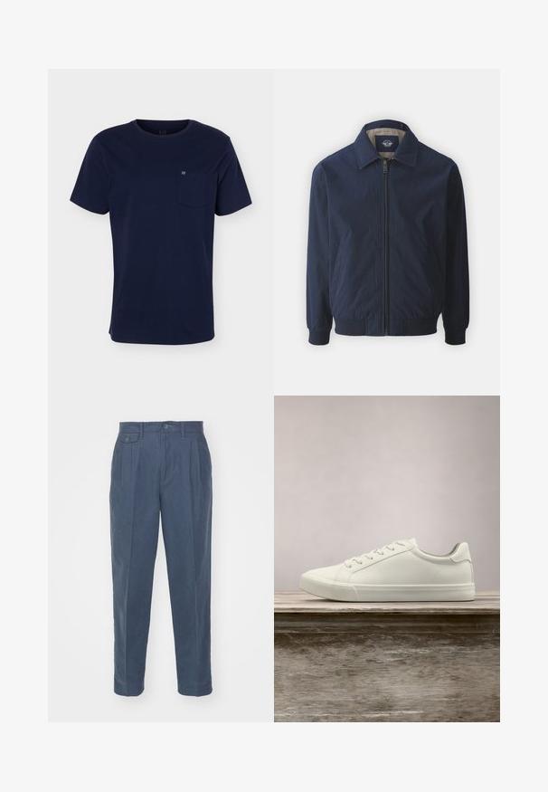 Navyblauwe bomberjack met een voorrits, staande kraag en elastische manchetten. Bevat een gladde stof en zijzakken.; Marineblauw T-shirt met korte mouwen en een ronde hals, met een borstzakje met een klein logo op een effen achtergrond.; Only & Sons ONSPALE NEW LOOSE PANT - Broek - dark slate; Witte vetersneaker die boven een houten bank zweeft met groene bladeren op de achtergrond, waarbij het ontwerp en de textuur van de schoen worden getoond.