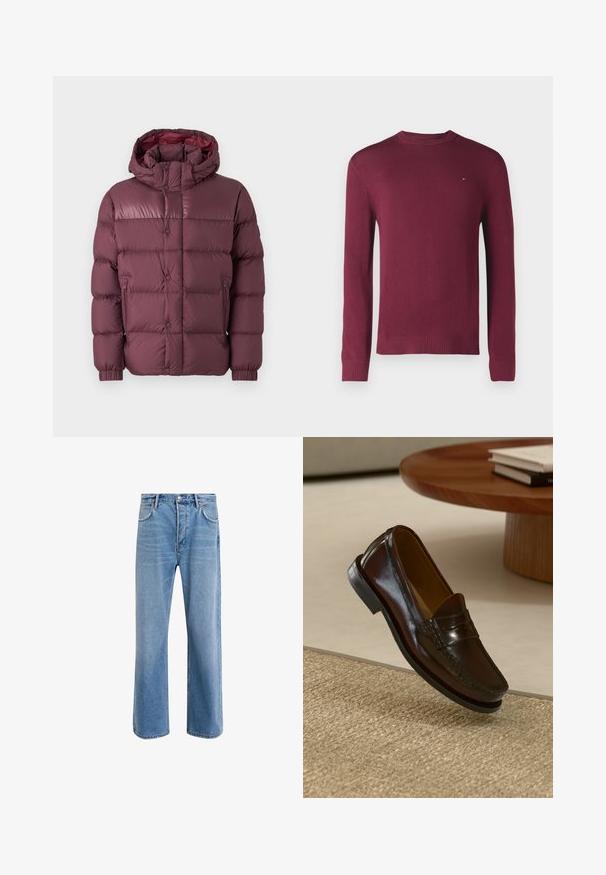 Bordeaux pufferjakke med hætte, der har et quilted design, lynlåslommer i siden og en glat, shiny overflade.; Burgundy pullover sweater med lange ærmer, rund halsudskæring, ribbede manchetter og kant. Har et lille logo på brystet, strikket tekstur.; Lyseblå denim jeans med lige ben-design, fem lommer, knaplukning, minimal falming og kontraststingdetaljer.; Brune læder loafers med en blank overflade, der har en syet detalje over fronten og en lavprofil sort gummisål.