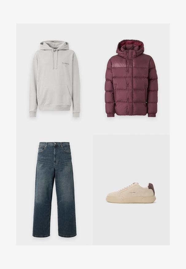 Bordeaux pufferjack met capuchon, met een gequilte uitstraling, ritssluiting zijzakken en een gladde, glanzende textuur.; Lichtgrijze hoodie gemaakt van zachte stof, met een buidelzak, een capuchon met trekkoord en een subtiele "ALLSAINTS" logo op de borst.; Wijdvallende denim jeans in donkerblauw, met een vervaagde wassing, vijf zakken en stevige stiksels. Knopenfly sluiting bij de taille.; Beige suède sneakers met een ronde neus, vetersluiting aan de voorkant en een bruine suède accent op de hiel. Beschikt over een gestructureerde rubberen zool.