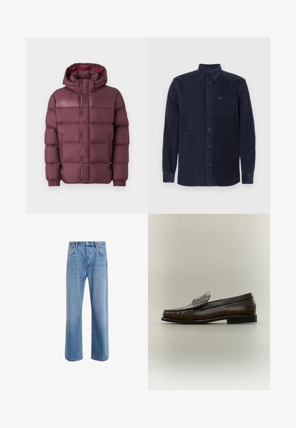 Burgunderfarbener Puffer-Jacke mit Kapuze, die ein gestepptes Design, Reißverschluss-Seitentaschen und eine glatte, glänzende Textur aufweist.; Langärmliges, navyblaues Kordhemd mit Knopfleiste, Frontbrusttasche und Kragen, flach auf einem weißen Hintergrund ausgelegt.; Helle blaue Jeans im Geradeschnitt-Design, mit fünf Taschen, Knopfverschluss, minimaler Ausbleichung und kontrastierenden Nähdetails.; Dunkelbrauner Lederloafer mit niedrigem schwarzen Absatz, Mokassinnähten und einem dekorativen Riemen über dem Spann.
