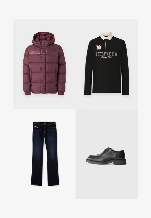 Burgunderfarbener Puffer-Jacke mit Kapuze, die ein gestepptes Design, Reißverschluss-Seitentaschen und eine glatte, glänzende Textur aufweist.; Schwarzes Langarm-Polohemd mit beigem Kragen, das "HILFIGER Racing Club" in weißen Buchstaben und einem roten bestickten Logo-Detail zeigt.; Dunkelblaue Jeans aus Denim mit geradem Bein, ausgestattet mit orangefarbenen Nähten, einem Reißverschluss und Vordertaschen. Glatte Textur und Standardbund.; Schwarzer Lederschuh mit glatter Textur, abgerundetem Zehenbereich und flacher, geprägter Naht. Dicke Gummisohle mit leichtem Absatz und rutschfester Musterung.