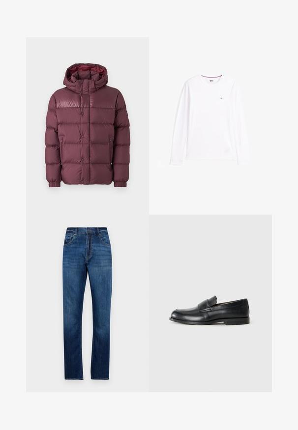 Burgunderfarbener Puffer-Jacke mit Kapuze, die ein gestepptes Design, Reißverschluss-Seitentaschen und eine glatte, glänzende Textur aufweist.; Weißes Langarm-T-Shirt aus Baumwolle mit Rundhalsausschnitt und einem kleinen Logodetail auf der linken Brustseite.; Blaue gerade geschnittene Denim-Jeans mit fünf Taschen, Gürtelschlaufen und Knopfverschluss, präsentiert vor einem schlichten weißen Hintergrund.; Schwarze Leder-Loeffler mit abgerundetem Zehenbereich, gesteppten Details und einer flachen Gummisohle. Verfügt über ein breites Band über dem Fußrücken.