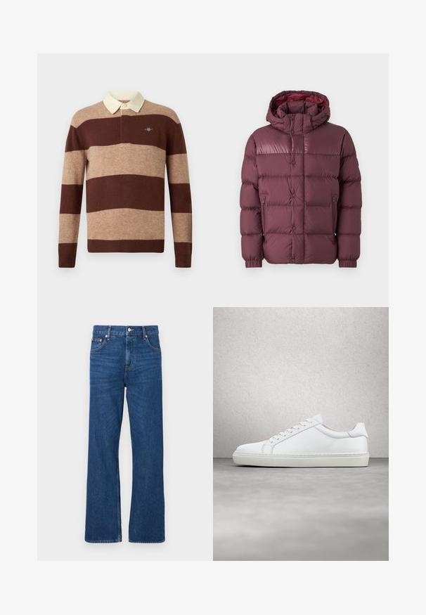 Burgunderfarbener Puffer-Jacke mit Kapuze, die ein gestepptes Design, Reißverschluss-Seitentaschen und eine glatte, glänzende Textur aufweist.; Langärmliges Rugby-Shirt mit breiten horizontalen braunen und beige gestreiften Mustern sowie einem cremefarbenen Kragen, das ein kleines gesticktes Logo auf der Brust präsentiert.; Blaue Denim-Jeans mit weitem Bein, ausgestattet mit einem klassischen Knopf- und Reißverschluss sowie fünf Taschen. Auffällige, ausgebleichte Textur im gesamten Stoff.; Weißer Sneaker mit glattem Lederobermaterial und niedrigem Profil. Verfügt über eine runde Zehenpartie, sechs Ösen und eine strukturierte Gummisohle.