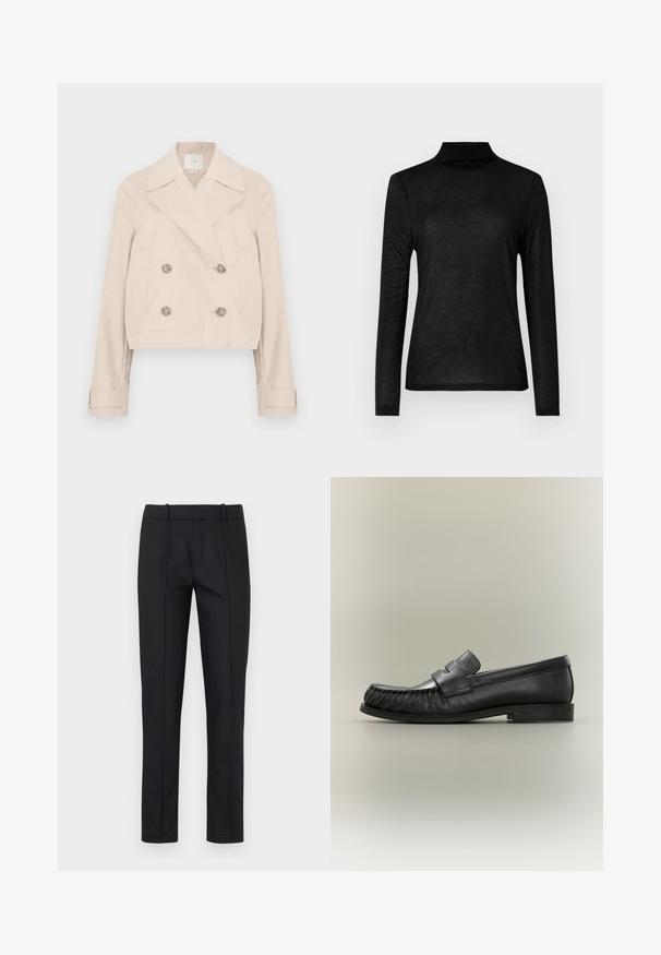 Beige cropped dobbeltradet jakke med store revers, to sidelommer og knapdetaljer. Fremstillet af et glat, letvægtsstof.; Sort langærmet turtleneck top lavet af et glat, let stof. Har en tætsiddende pasform med en høj halsudskæring og uden mønster.; Sorte skræddersyede bukser med slim fit, glat front og to baglommer. Lavet af glat stof med fin syning langs sømmene.; Sort læder penny loafer med rynket tådetalje og lav stablet hæl, set fra siden på en neutral baggrund.