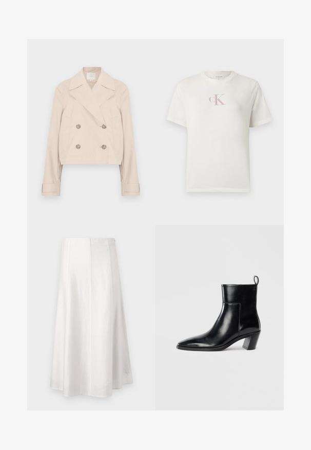 Beige cropped dobbeltradet jakke med store revers, to sidelommer og knapdetaljer. Fremstillet af et glat, letvægtsstof.; Hvid kortærmet bomuldst-shirt med en lille lyserød "CK"-logo på brystet og en klassisk rund halsudskæring. Blød tekstur.; Hvid A-line midi-nederdel med glat tekstur og lodret søm ned gennem midten, vist på en ensfarvet baggrund.; Sort læder ankelstøvle med spids tå, geometrisk stablet hæl og en løftestrop bagpå. Glat tekstur og slankt design.