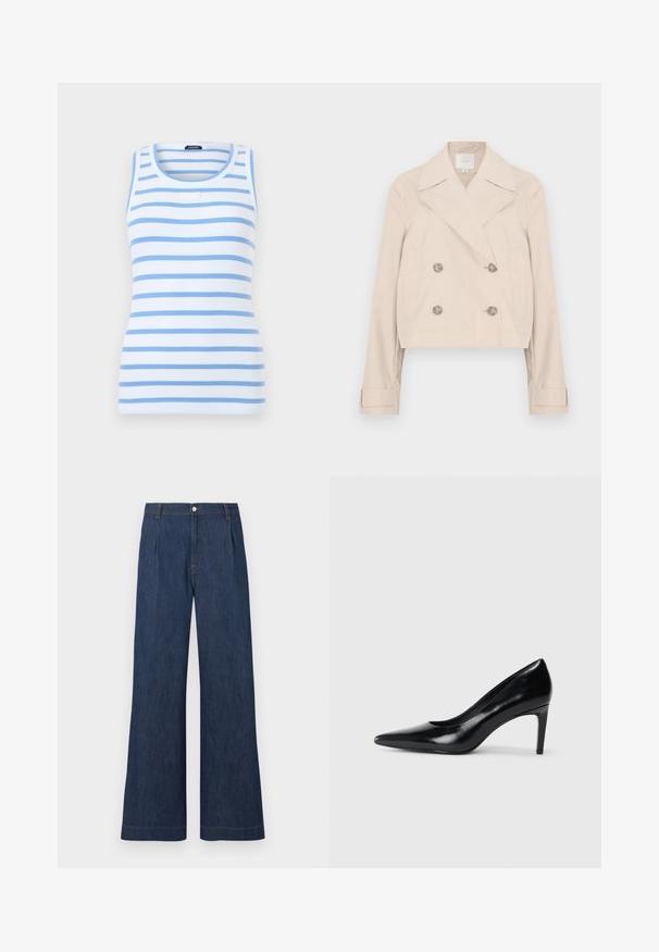 Veste courte beige à double boutonnage avec grands revers, deux poches latérales et boutons décoratifs. Confectionnée dans un tissu lisse et léger.; Débardeur blanc sans manches en maille côtelée avec des rayures horizontales bleu clair et un col rond, présenté sur un fond uni.; Jeans en denim bleu foncé à jambes larges, avec des plis à l'avant, des passants pour ceinture et une fermeture par bouton à la taille.; Chaussure à talon haut en cuir noir avec un bout pointu, texture lisse et un talon effilé. Design minimaliste, sans embellissements supplémentaires.