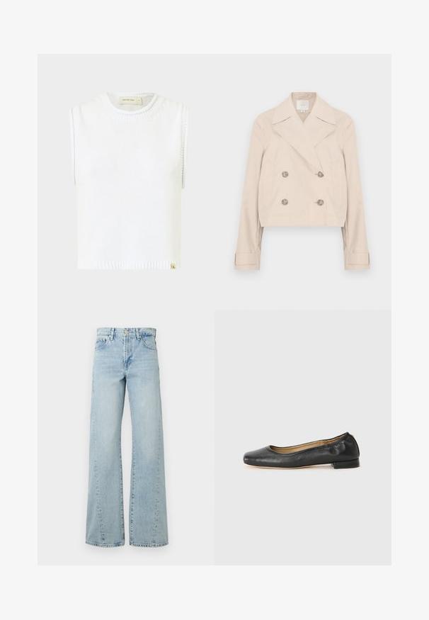 Veste courte beige à double boutonnage avec grands revers, deux poches latérales et boutons décoratifs. Confectionnée dans un tissu lisse et léger.; Haut en tricot sans manches blanc avec un col rond, ourlet côtelé et détails de couture sur les côtés ; présente une petite étiquette de marque en bas.; Jean large bleu clair en denim, avec une fermeture à bouton, poches avant et zones délavées pour texture et détail.; Ballerines en cuir noir avec un bout arrondi et des coutures minimales. Talon bas et rectangulaire avec une texture lisse. Détails subtils de doublure intérieure.