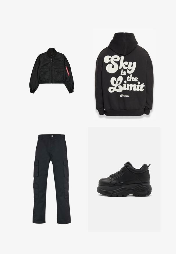 Schwarze, kurz geschnittene Bomberjacke aus satinähnlichem Material mit rundem Kragen, zwei Fronttaschen und einer seitlichen Reißverschlusstasche mit rotem Tab.; Schwarzer Pullover mit Kapuze und großem weißen Text auf der Rückseite: "Der Himmel ist die Grenze" mit dem "Dropsize"-Logo darunter. Weicher Stoff, lässige Passform.; Schwarze Cargo-Hose mit geradem Bein, aus strapazierfähigem Material gefertigt. Verfügt über mehrere Seitentaschen und einen Knopfverschluss.; Schwarze Leder-Chucksneaker mit dicker Gummisohle, schlankem Design und strukturierten Akzenten. Verfügt über Schnürsenkel und eine Zuglasche an der Ferse.