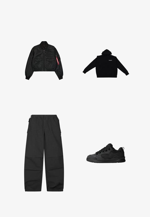 Zwarte cropped bomberjack van satijnachtig materiaal met ronde kraag, twee voorzakken en een zijrits zak met een rood label.; Zwarte hoodie met een voorzak, lange mouwen en een trekkoordcapuchon. Voorzien van witte tekst met de tekst "Dropsize" op het borstgebied.; Zwarte katoenen broeken met een elastische tailleband, twee zijzakken en een relaxte pasvorm. Heeft naden en een minimalistisch ontwerp.; Zwarte sneakers met een gestructureerde bovenkant, voorzien van veters, mesh-details voor ademend vermogen, een gevoerd kraagje en een stevige zool.