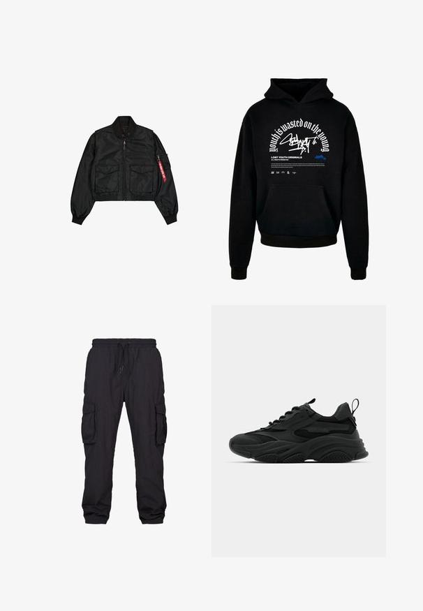 Sort cropped bomberjakke lavet af satinlignende materiale med rund hals, to forlommer og en sidelomme med lynlås med en rød fane.; Sort hættetræner med frontlomme. Har hvidt fed skrift og grafisk design. Lavet af blødt stof med ribbede manchetter og kant.; Sorte cargo-bukser lavet af letvægtsstof, med elastisk talje med snor, flere lommer og en afslappet pasform.; Sorte atletiske sneakers med en kraftig sål, meshpaneler og gummidetaljer. Har en trækflap ved hælen og strukturerede mønstre.