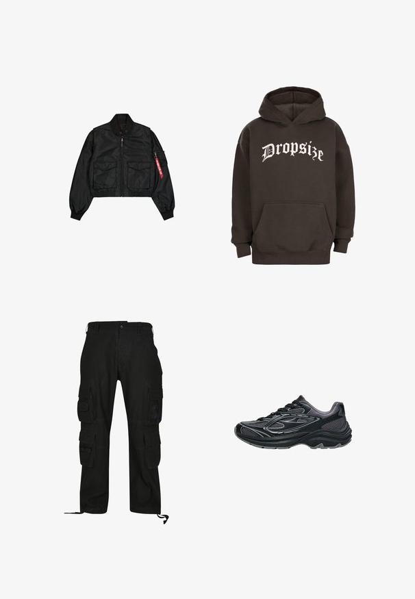 Sort cropped bomberjakke lavet af satinlignende materiale med rund hals, to forlommer og en sidelomme med lynlås med en rød fane.; Mørkebrun hoodie med en frontlomme i kengurustil og hvid tekst i gammeldansk stil, der står "Dropsize" over brystet.; Sorte cargo bukser lavet af slidstærkt stof, med flere sidelommer, afslappet pasform og justerbare ankelstropper.; Sort atletiksko med meshpaneler, gummisål, snørelukning og reflekterende detaljer. Buet form med teksturerede overflader.