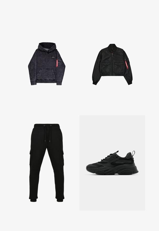 Μαύρο cropped bomber μπουφάν από σατινέ υλικό με στρογγυλή γιακά, δύο μπροστινές τσέπες και πλαϊνή τσέπη με φερμουάρ και κόκκινη ετικέτα.; Μαύρη μελανζέ φούτερ με καγκουρό τσέπη, ρυθμιζόμενη κουκούλα με κορδόνι, λογότυπο στο στήθος και πλαϊνή τσέπη με λεπτομέρεια κόκκινης ετικέτας.; Μαύρο παντελόνι φόρμας από βαμβακερό μείγμα, με ελαστική μέση με κορδόνι, πλαϊνές τσέπες cargo και ρέλι στο κάτω μέρος. Λείος υφάσματος.; Μαύρα αθλητικά sneakers με χοντρή σόλα, διχτυωτές επιφάνειες και ελαστικές λεπτομέρειες. Διαθέτουν υποδοχή στην φτέρνα και υφές.
