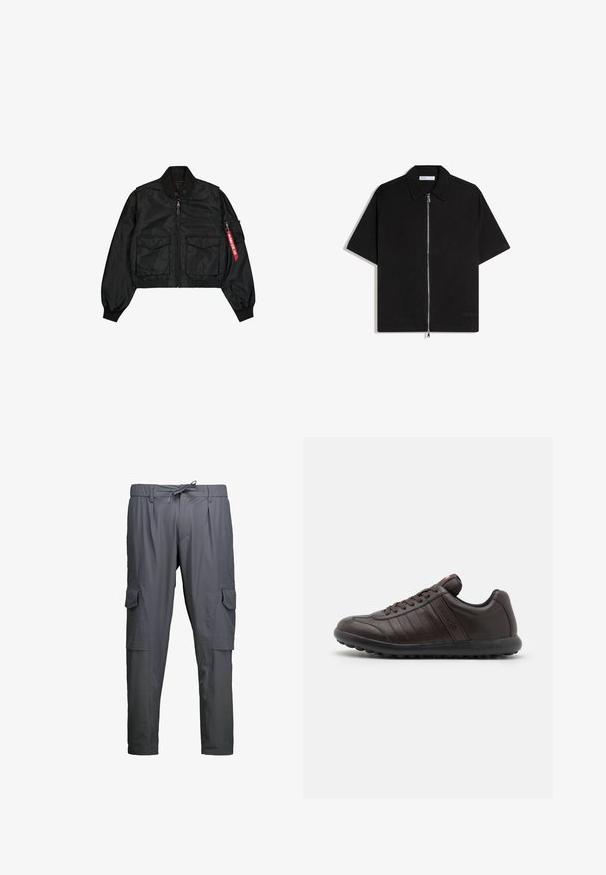 Sort cropped bomberjakke lavet af satinlignende materiale med rund hals, to forlommer og en sidelomme med lynlås med en rød fane.; Sort kortærmet skjorte med krave og sølvfarvet lynlås i fuld længde foran, vist fladt på hvid baggrund.; Mørkegrå cargobukser med sidelommer med klap, bæltestropper og en snøre foran til lukning.; Brune lædersneaker med rund tå, snørebåndsdesign, subtile syninger og tekstureret gummisål for godt greb.