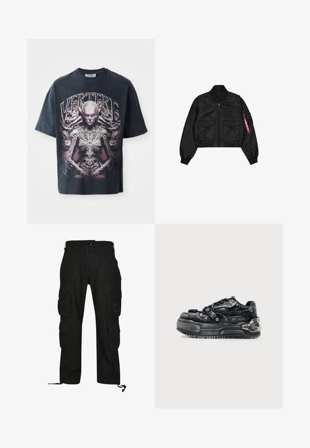 Schwarze, kurz geschnittene Bomberjacke aus satinähnlichem Material mit rundem Kragen, zwei Fronttaschen und einer seitlichen Reißverschlusstasche mit rotem Tab.; Schwarzes T-Shirt aus Baumwolle mit einem großen pink-weißen Design einer humanoiden Figur, die über komplexe Details verfügt, sowie dem Text "VERTERE."; Schwarze Cargo-Hosen aus strapazierfähigem Material, mit mehreren Seitentaschen, lässiger Passform und verstellbaren Fußgelenkriemen.; Schwarzer klobiger Sneaker mit dicker Sohle, Schnürdesign, strukturierten Riemen und Metallakzenten an Ferse und Seiten vor hellem Hintergrund.